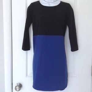 Colorblock black and blue hi-lo shift dress